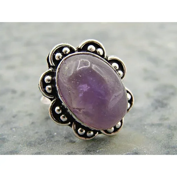 Amethyst Natural Stone Ring Sterling Silver Plated Birthstone Floral Frame 7.5 - Picture 3 of 10